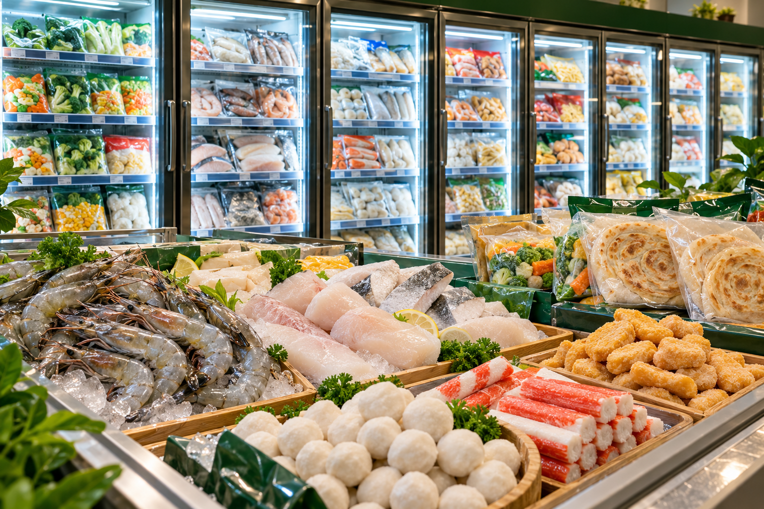 Frozen seafood, fish, prawns, fish balls, nuggets and paratha in a freezer display