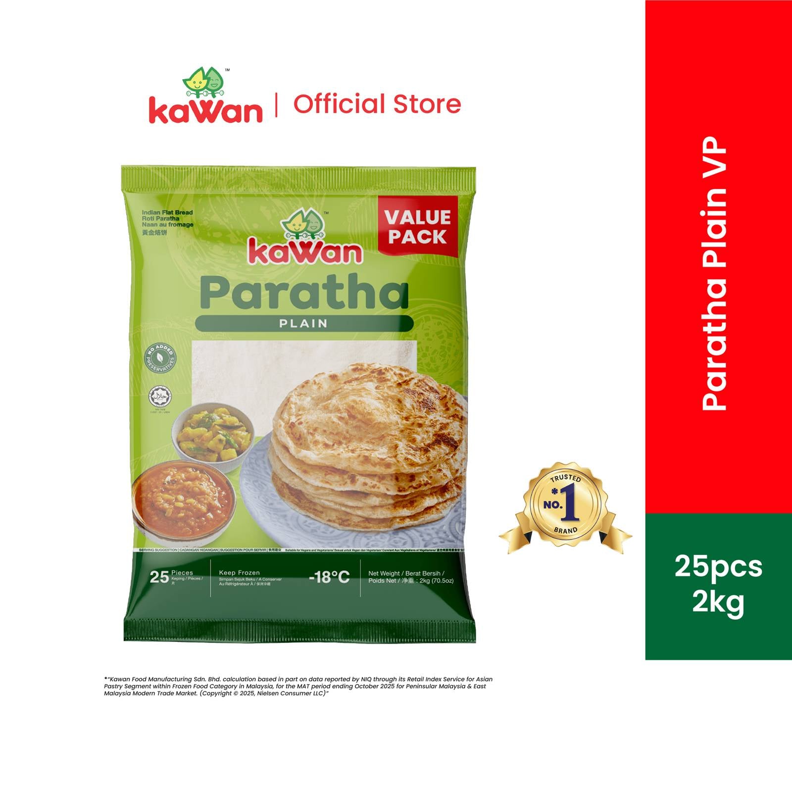 KAWAN Plain Paratha Value Pack (25 pcs - 2kg) frozen product packaging